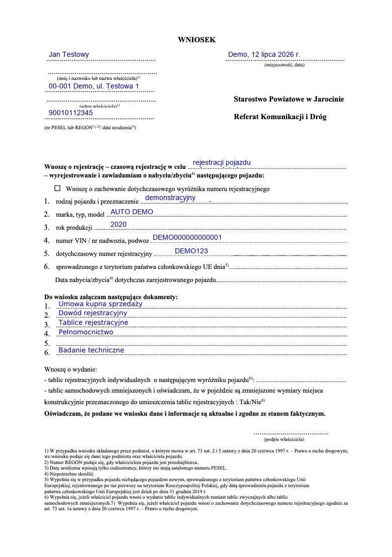 Wniosek o rejestrację
